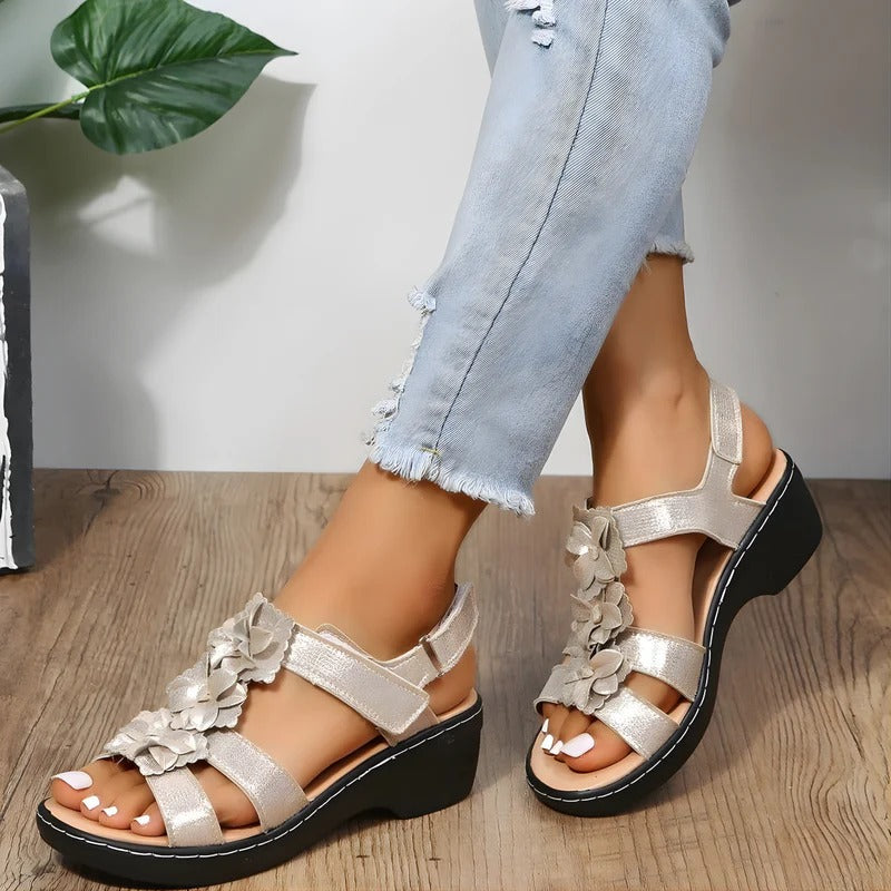 Women’s Floral Open Toe Summer Mid Wedge Sandals with Back Strap