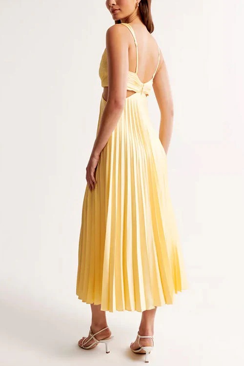 Women’s V-neck Pleated Maxi Dress with Cut-Out Waist