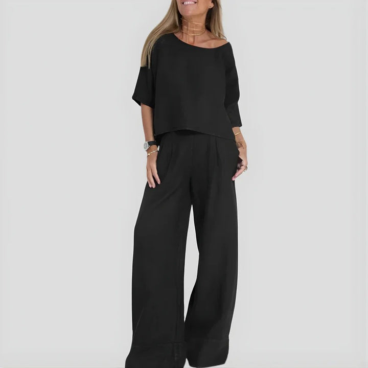 Women’s Relaxed Cotton Top Two Piece Set with Wide Leg Pants