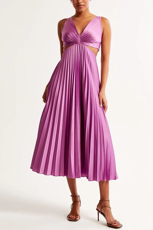 Women’s V-neck Pleated Maxi Dress with Cut-Out Waist