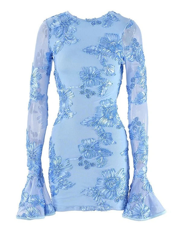 Women’s Floral Embroidered Mini Dress with Sheer Sleeves