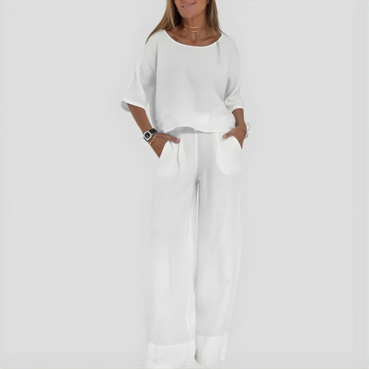 Women’s Relaxed Cotton Top Two Piece Set with Wide Leg Pants