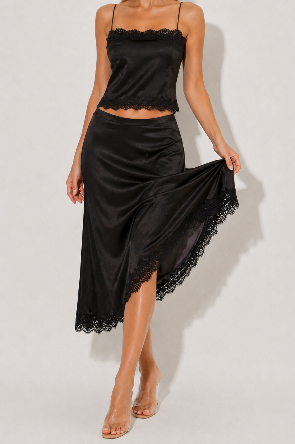 Women's Satin Lace Co-Ord Set with Cami Top and Midi Skirt Set