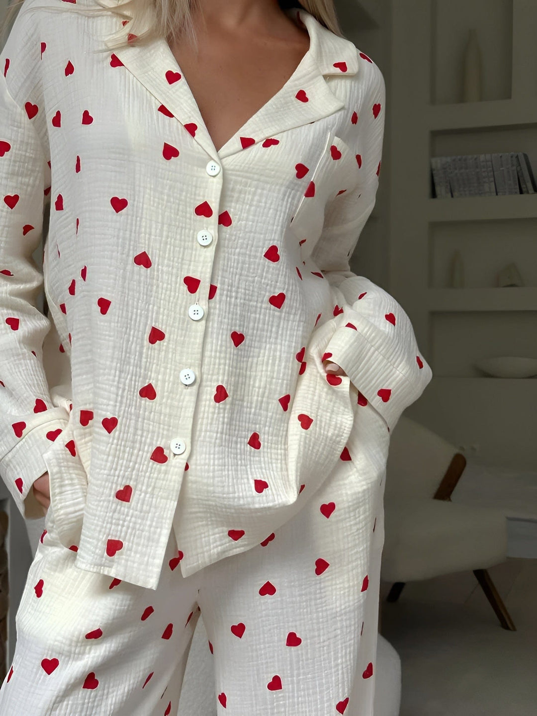 Women’s Heart Print Pyjama Set with Long Sleeves