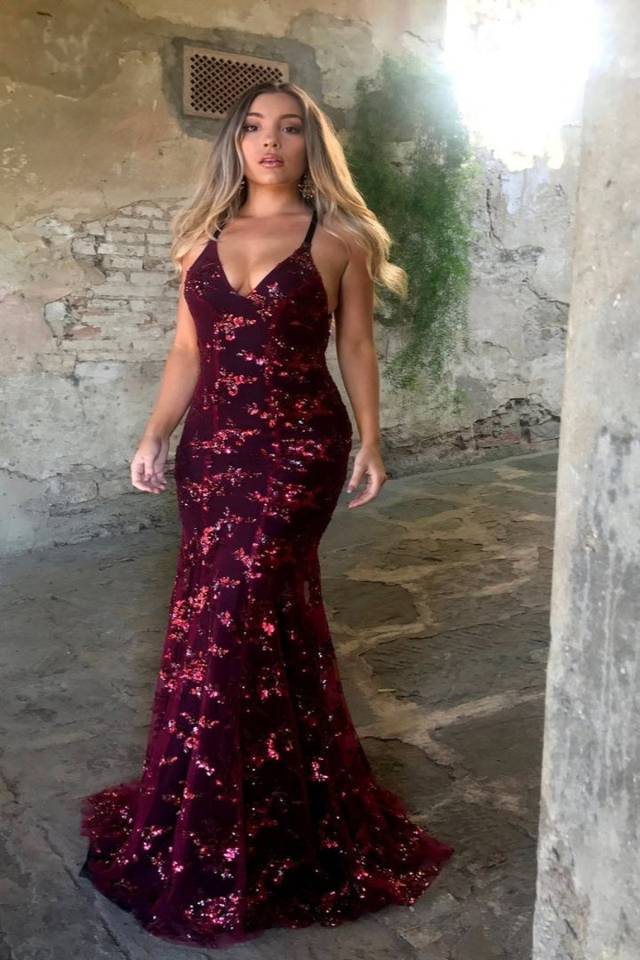 Women's Sequin Embroidered Maxi Evening Gown with Open Back and Spaghetti Straps