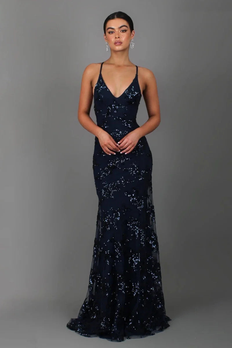Women's Sequin Embroidered Maxi Evening Gown with Open Back and Spaghetti Straps