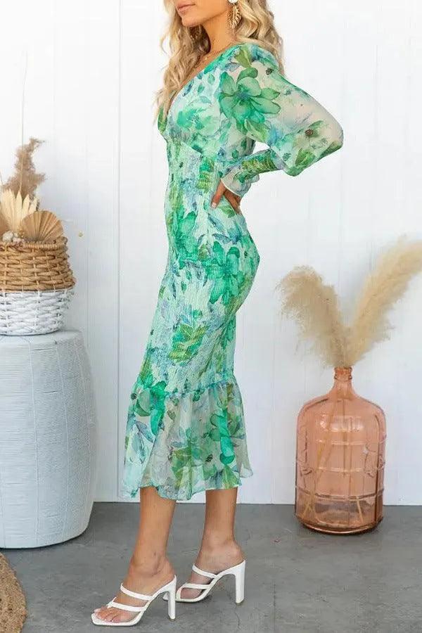 Women’s Floral Summer Midi Dress with Puff Sleeve