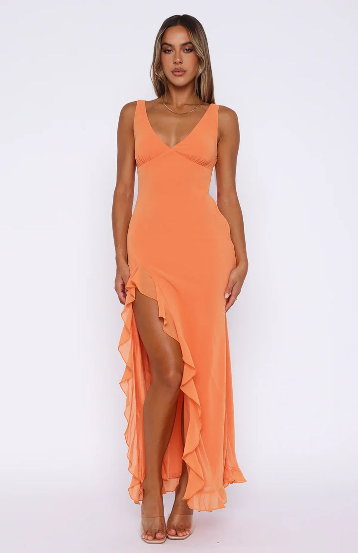 Women’s Ruffle V-Neck Maxi Dress with Side Split