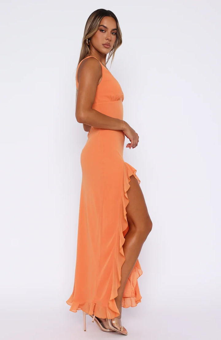 Women’s Ruffle V-Neck Maxi Dress with Side Split