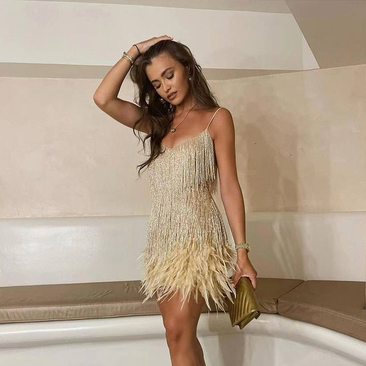 Sequin Cocktail Dress with Feather Hem