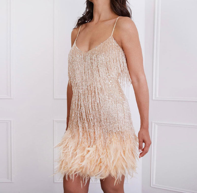 Sequin Cocktail Dress with Feather Hem