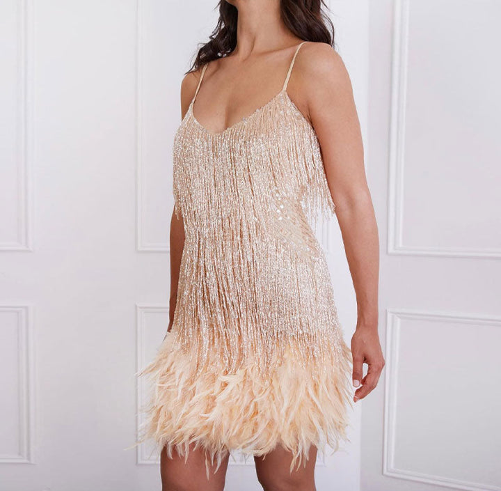 Sequin Cocktail Dress with Feather Hem