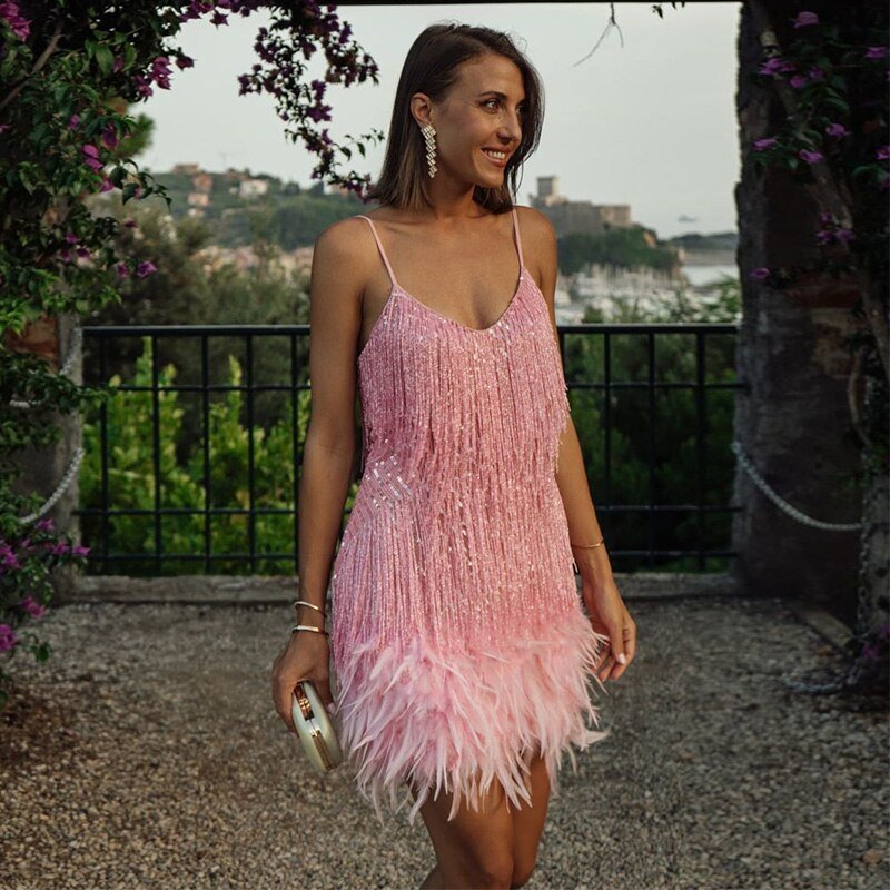 Sequin Cocktail Dress with Feather Hem