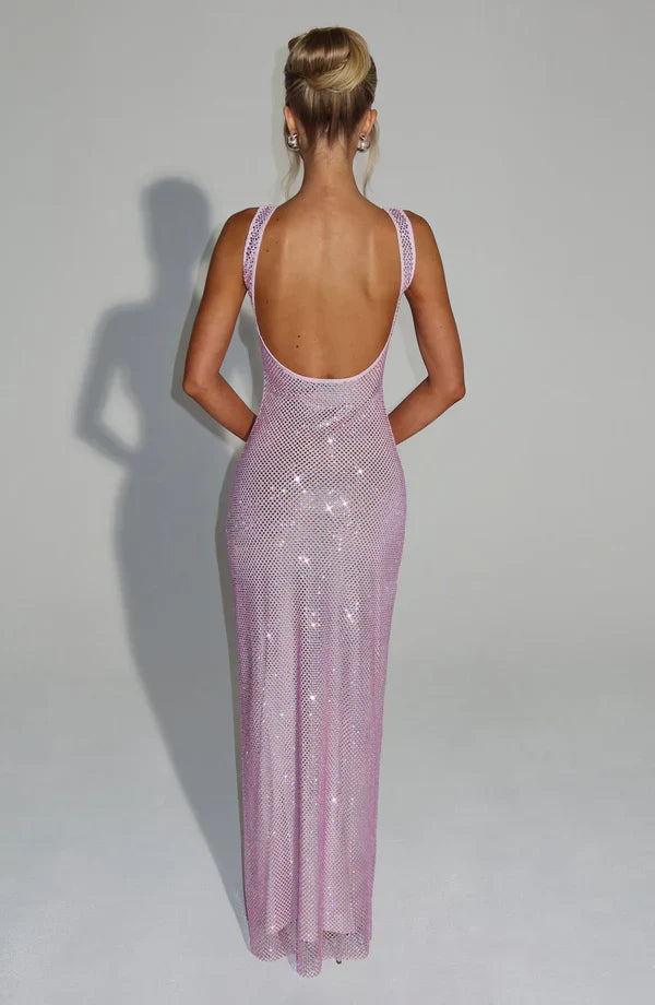 Women’s Square-Neck Embellished Maxi Dress with Open Back
