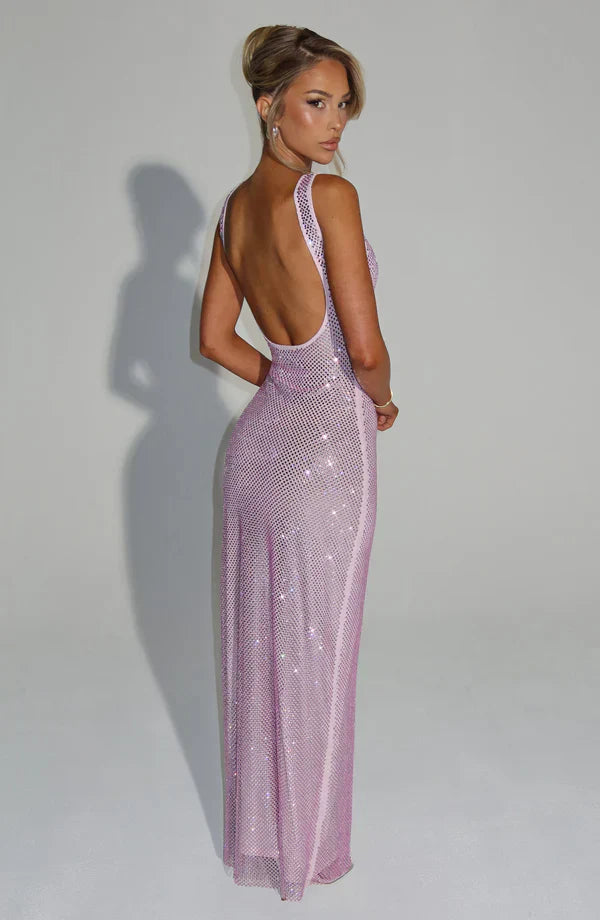 Women’s Square-Neck Embellished Maxi Dress with Open Back