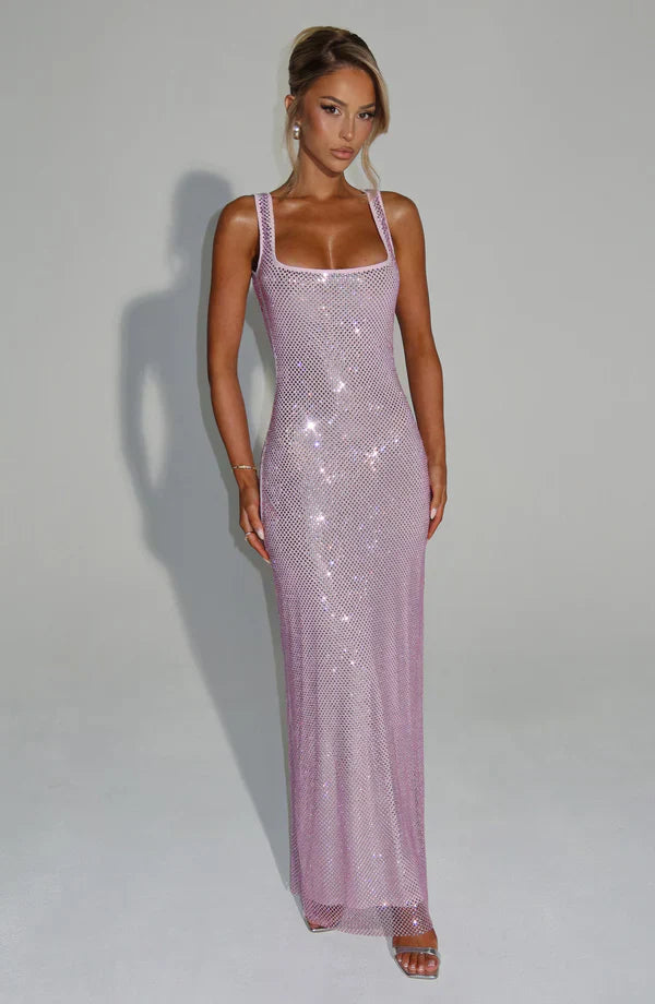 Women’s Square-Neck Embellished Maxi Dress with Open Back