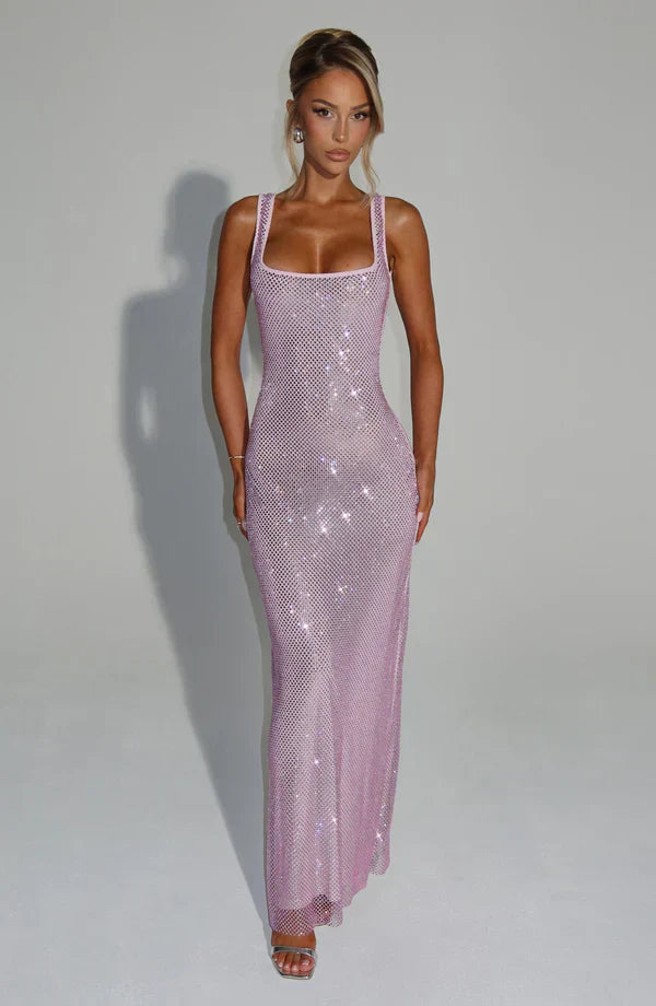 Women’s Square-Neck Embellished Maxi Dress with Open Back