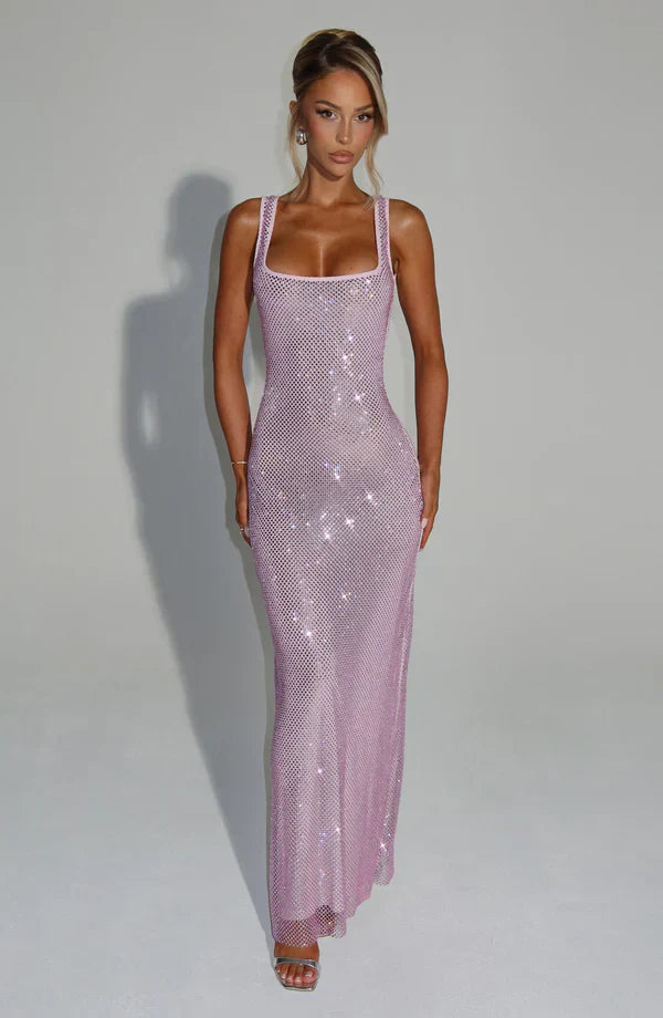 Women’s Square-Neck Embellished Maxi Dress with Open Back