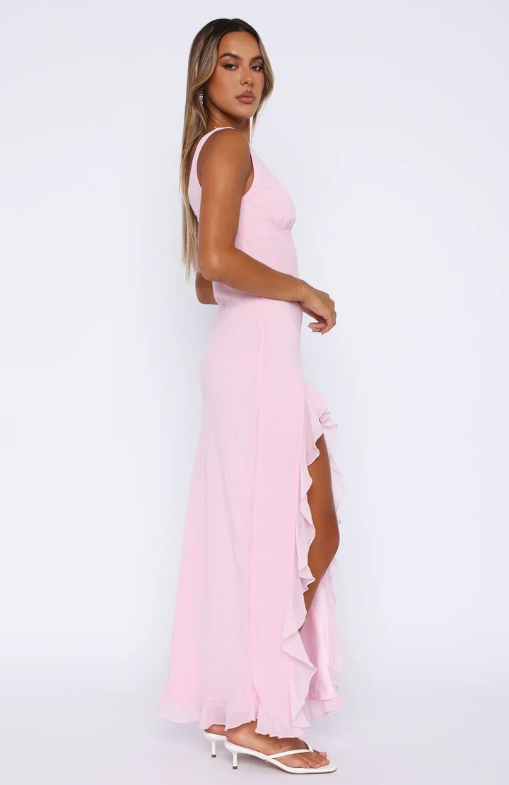Women’s Ruffle V-Neck Maxi Dress with Side Split