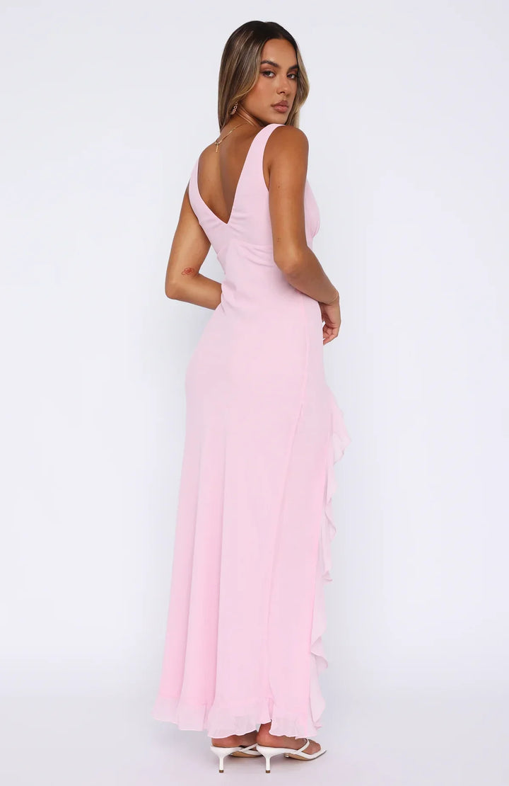 Women’s Ruffle V-Neck Maxi Dress with Side Split
