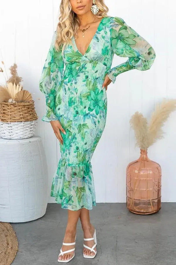 Women’s Floral Summer Midi Dress with Puff Sleeve