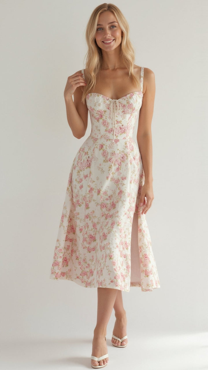 Women's Bustier Corset A-line Midi Dress with Front Slit