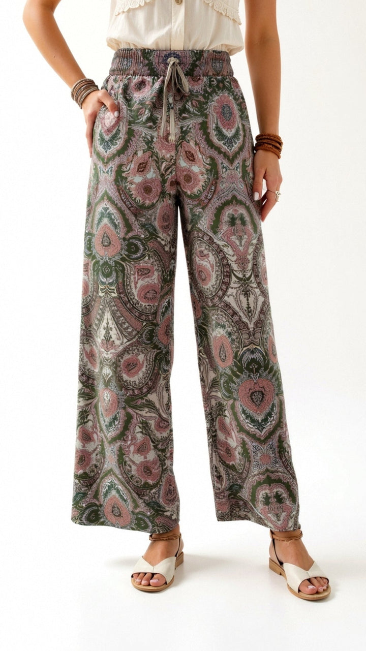 Women’s Boho High Waisted Paisley Pants with Wide Legs and Adjustable Drawstring