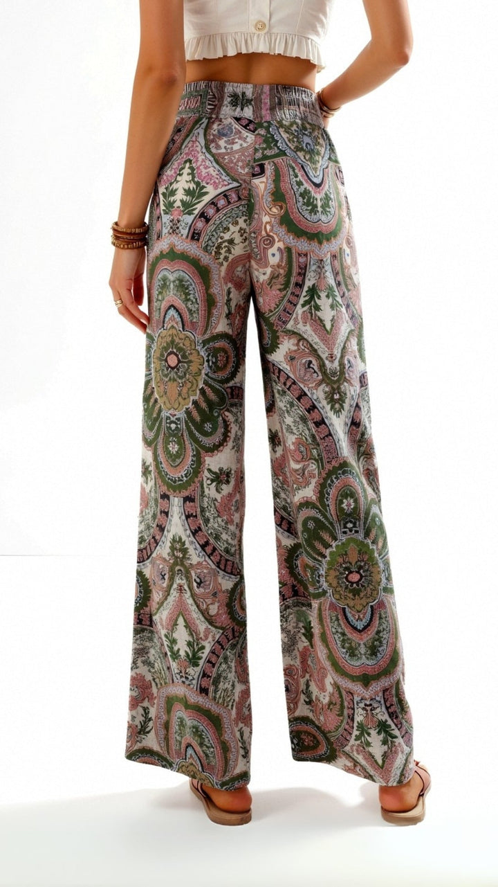 Women’s Boho High Waisted Paisley Pants with Wide Legs and Adjustable Drawstring