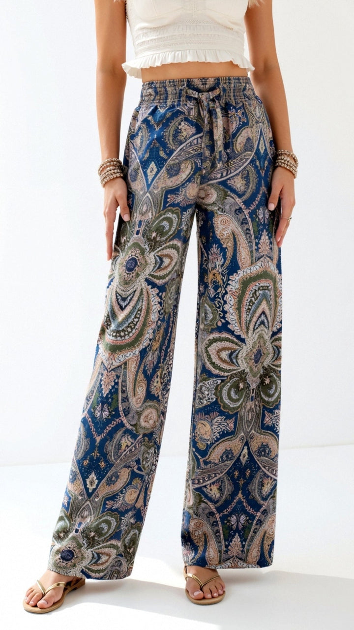 Women’s Boho High Waisted Paisley Pants with Wide Legs and Adjustable Drawstring
