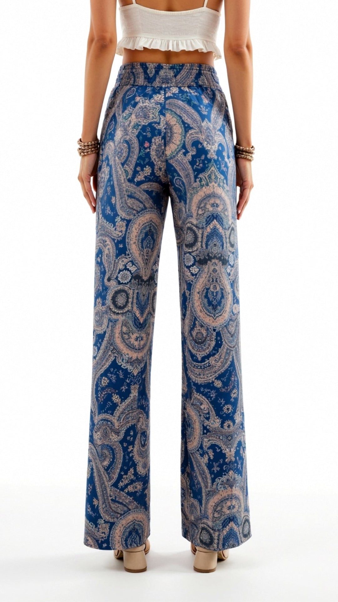 Women’s Boho High Waisted Paisley Pants with Wide Legs and Adjustable Drawstring