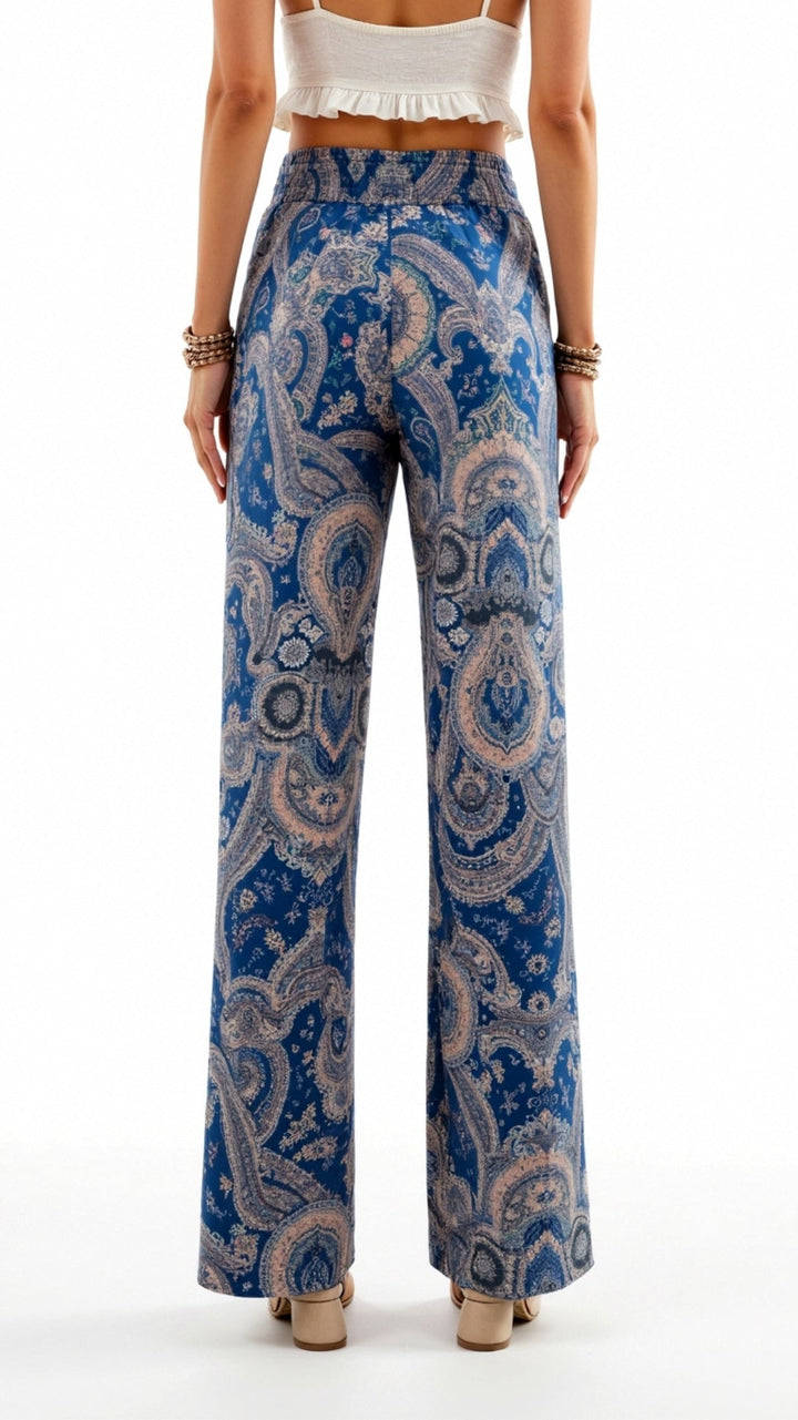 Women’s Boho High Waisted Paisley Pants with Wide Legs and Adjustable Drawstring