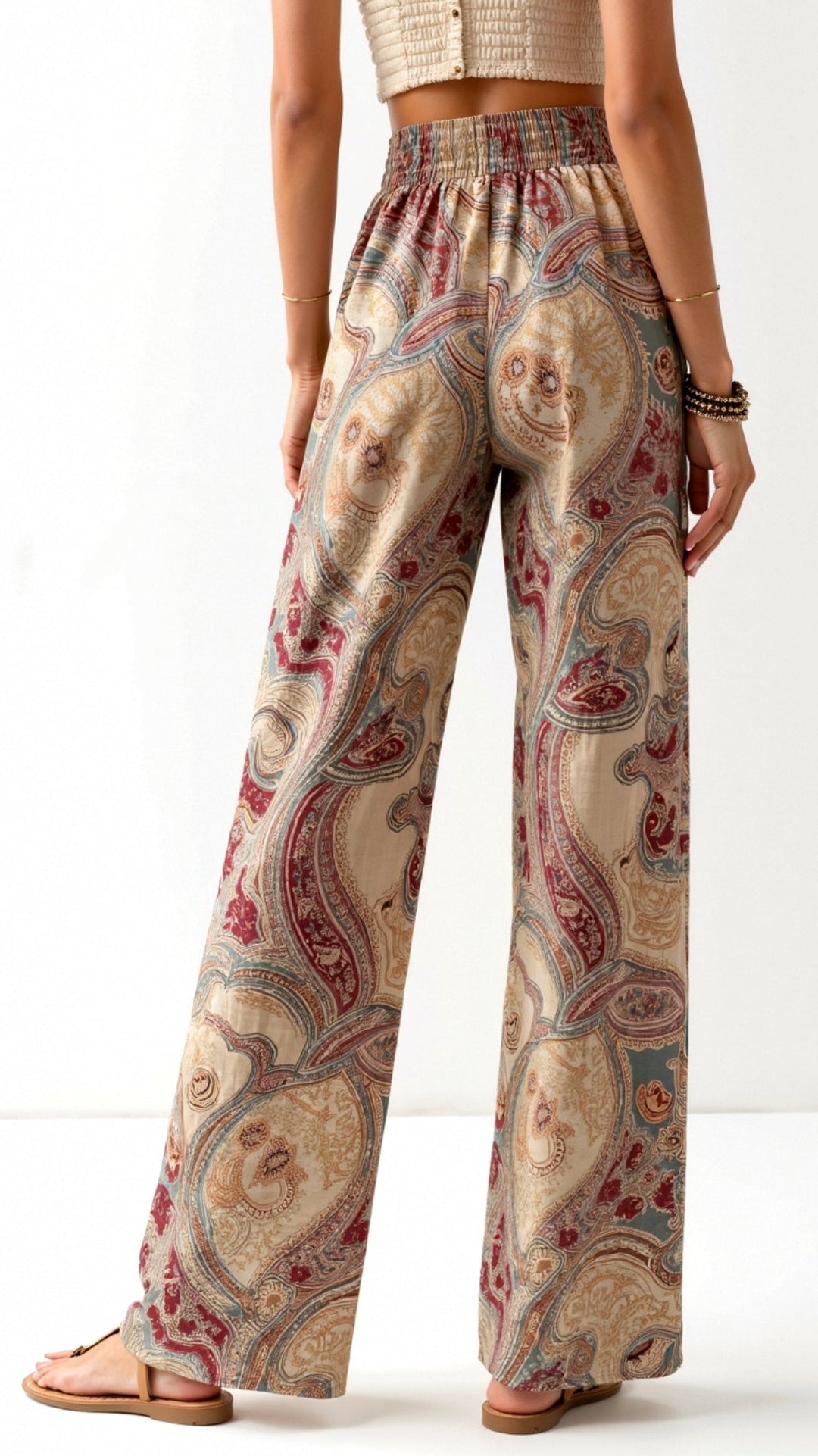 Women’s Boho High Waisted Paisley Pants with Wide Legs and Adjustable Drawstring