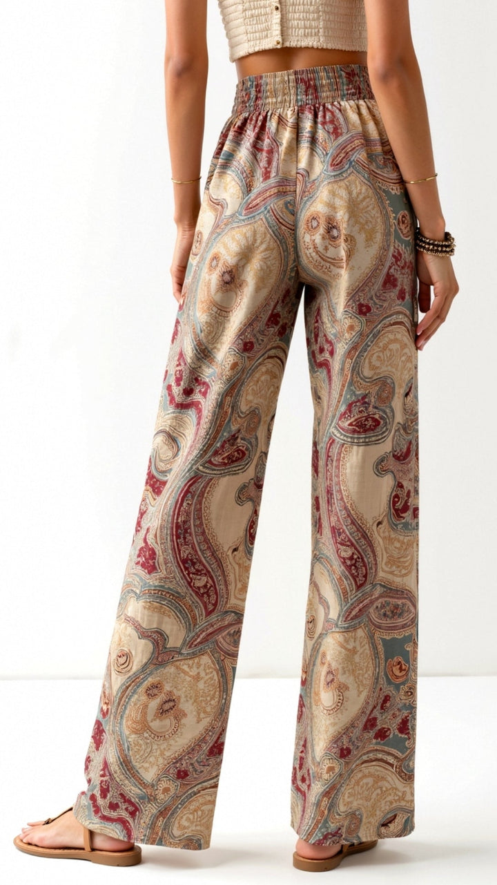 Women’s Boho High Waisted Paisley Pants with Wide Legs and Adjustable Drawstring