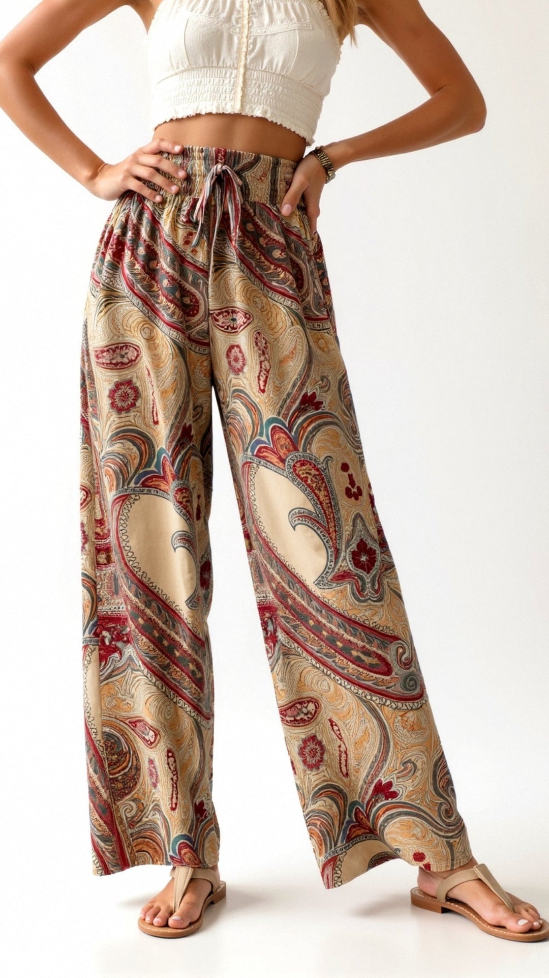 Women’s Boho High Waisted Paisley Pants with Wide Legs and Adjustable Drawstring