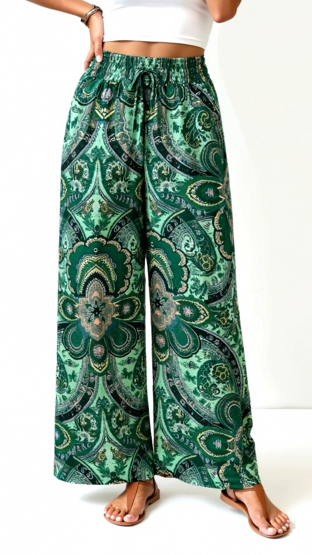 Women’s Boho High Waisted Paisley Pants with Wide Legs and Adjustable Drawstring