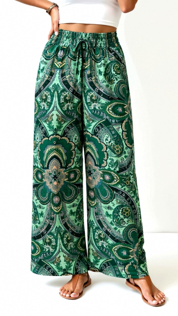 Women’s Boho High Waisted Paisley Pants with Wide Legs and Adjustable Drawstring