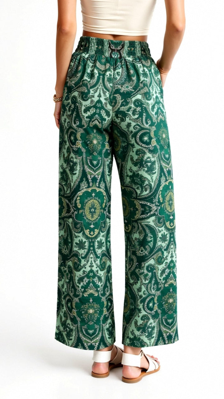 Women’s Boho High Waisted Paisley Pants with Wide Legs and Adjustable Drawstring