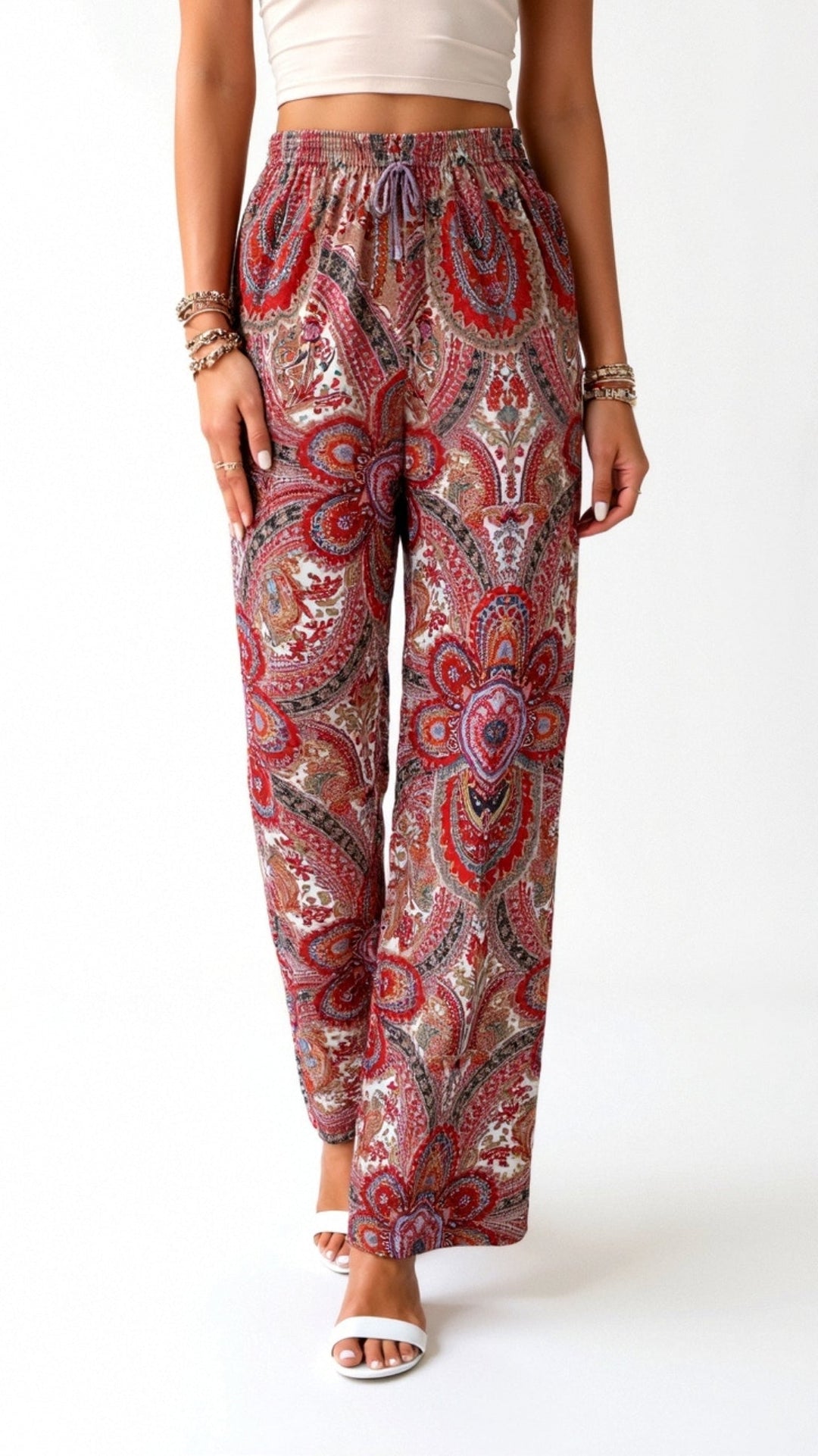 Women’s Boho High Waisted Paisley Pants with Wide Legs and Adjustable Drawstring