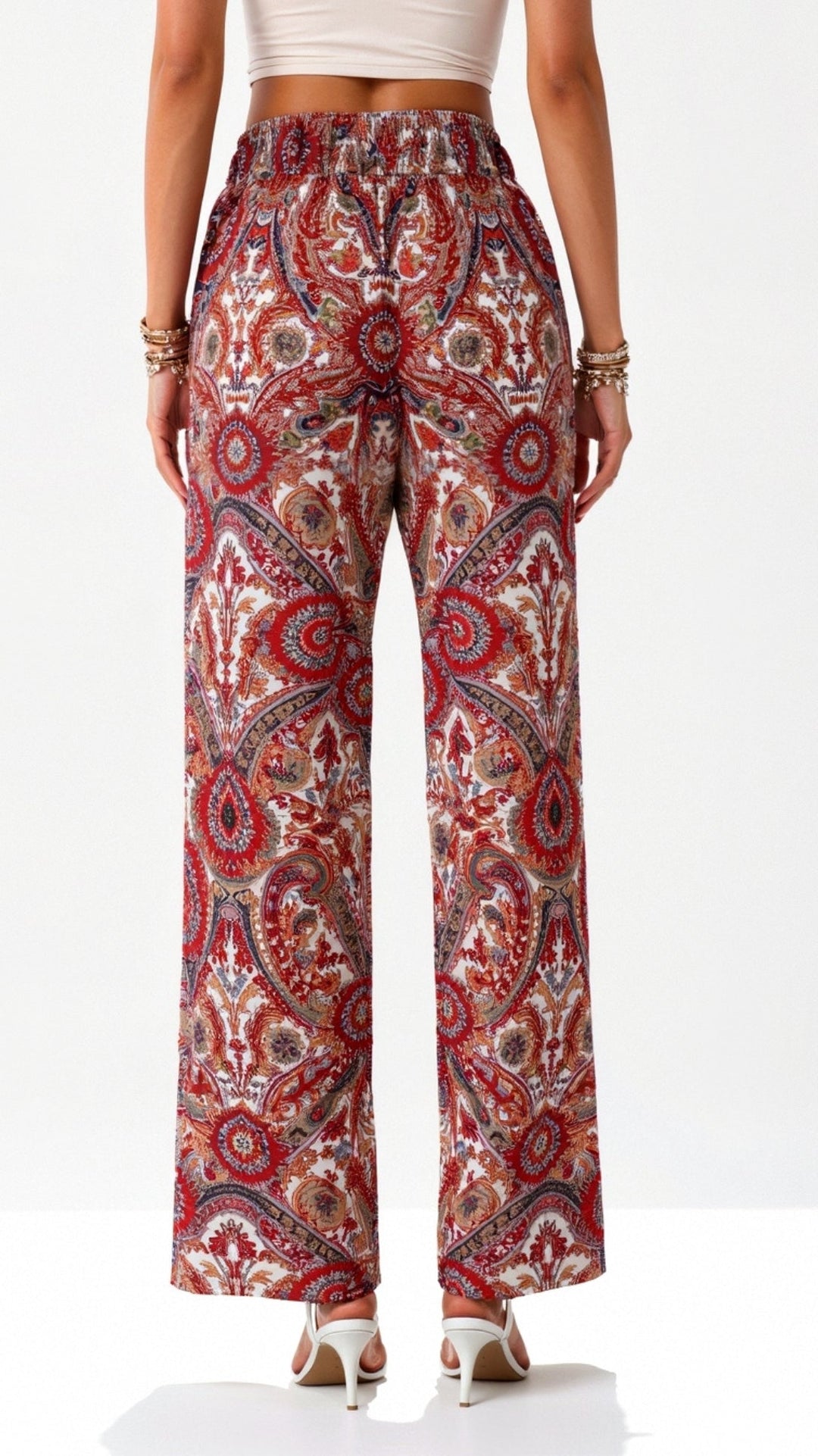 Women’s Boho High Waisted Paisley Pants with Wide Legs and Adjustable Drawstring