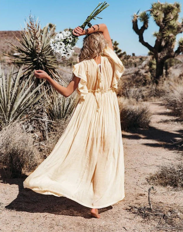 Women’s V-neck Boho Maxi Dress with Tie Waist