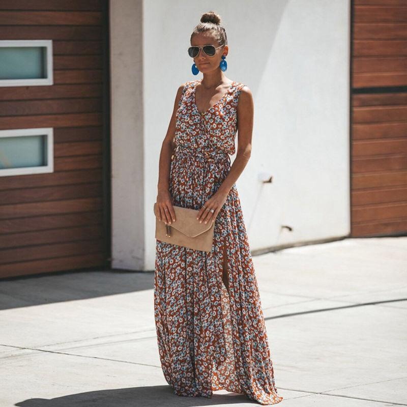 Women’s Floral Boho Maxi Dress with Waist Tie