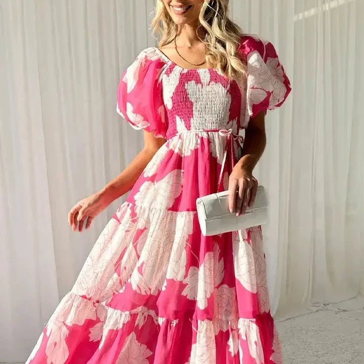 Women’s Abstract Print Puff-Sleeve Maxi Dress