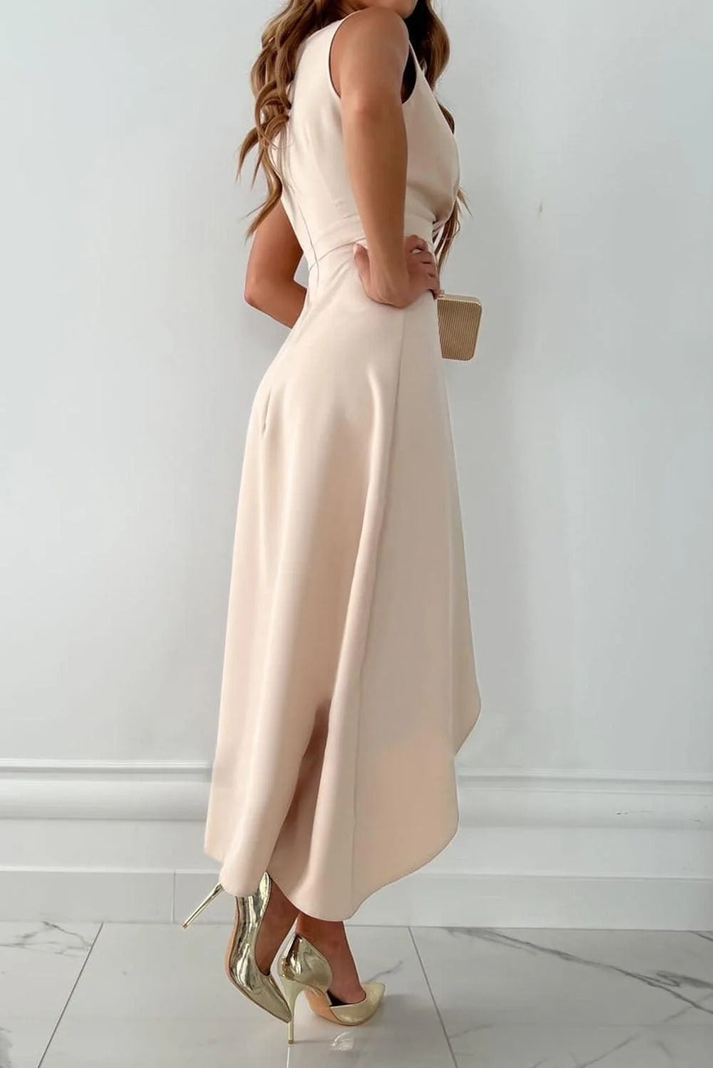 Women’s Wrap V-Neck Midi Dress with Tie Waist