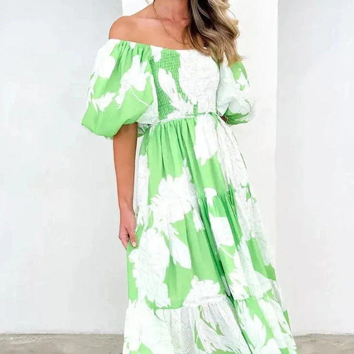 Women’s Abstract Print Puff-Sleeve Maxi Dress