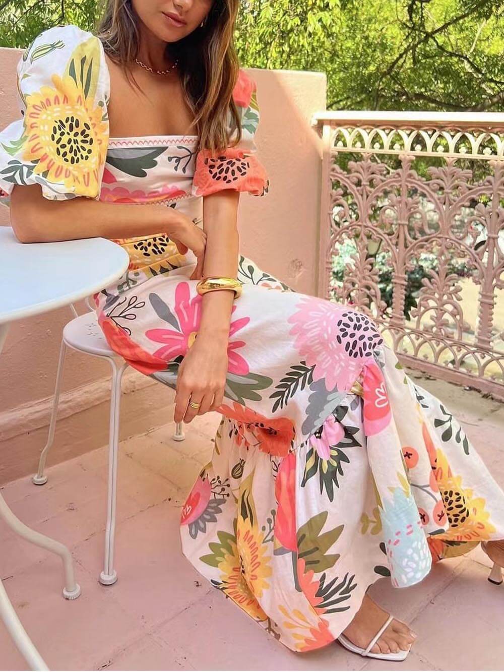 Floral Square Neck Maxi Dress with Puff Sleeves