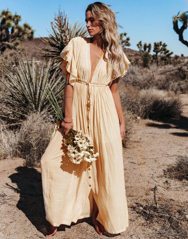 Women’s V-neck Boho Maxi Dress with Tie Waist