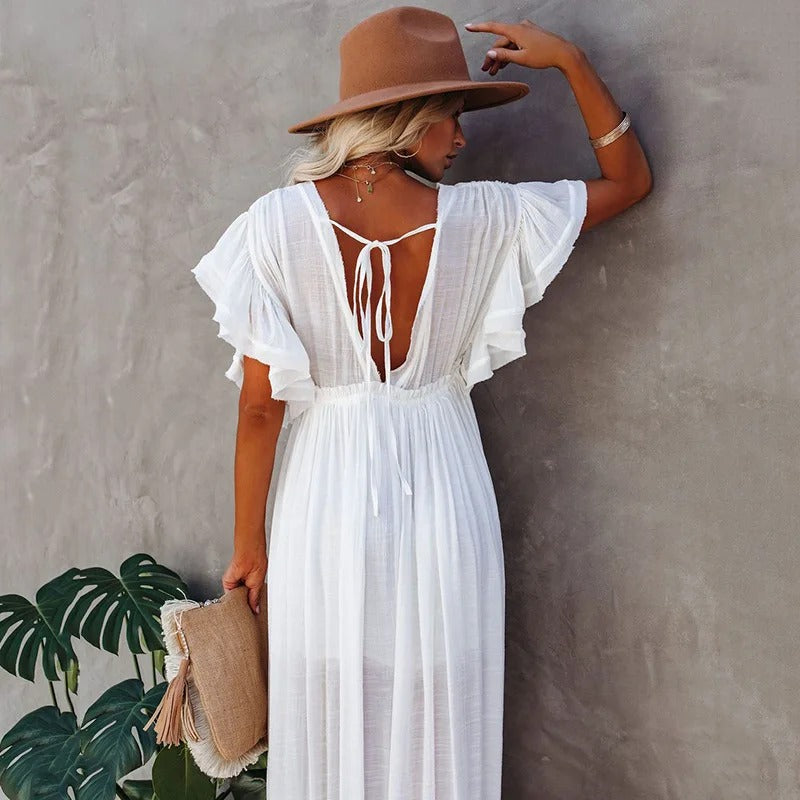 Women’s White Boho Maxi Dress with Button Front