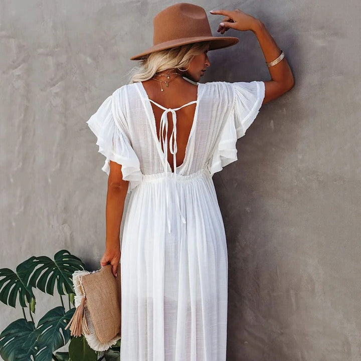 Women’s White Boho Maxi Dress with Button Front