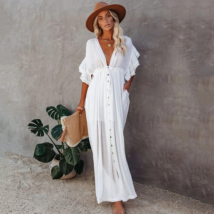 Women’s White Boho Maxi Dress with Button Front