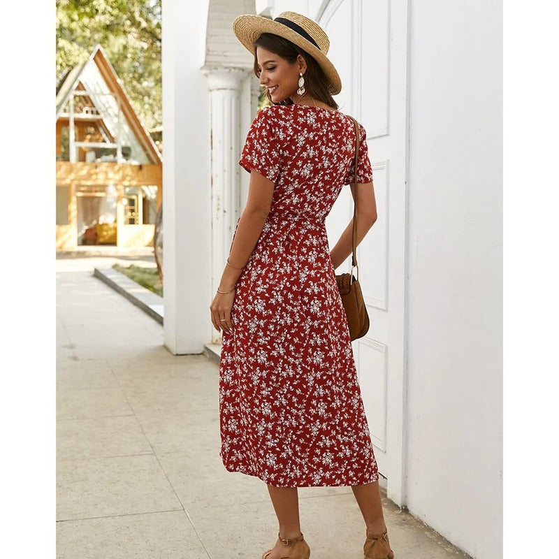 Women’s Floral Wrap Midi Dress with Tie Waist